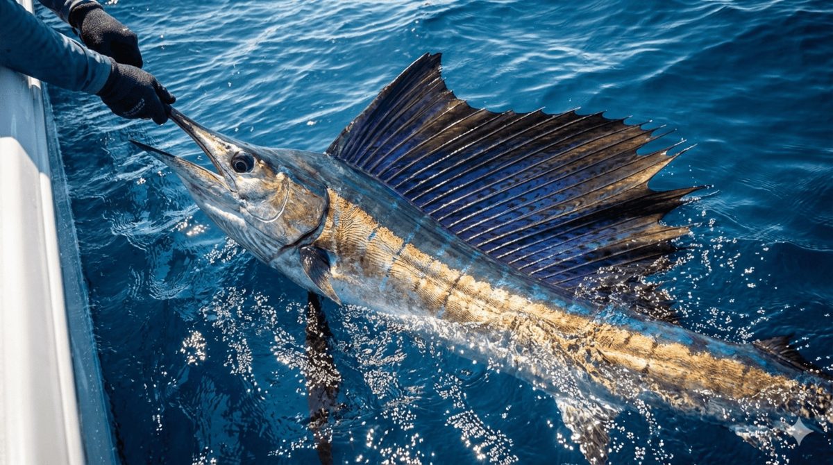 Angler catching a nice sailfish off the Osa Peninsula, one of the secret fishing spots in Costa Rica